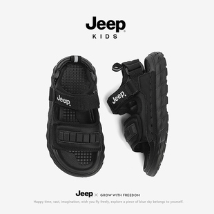 jeep男童黑色凉鞋夏季露趾宝宝鞋女童沙滩鞋2024新款儿童鞋子