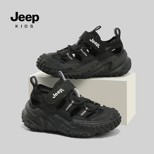jeep儿童黑色运动凉鞋夏季包头镂空透气溯溪鞋女童2024新款男童鞋