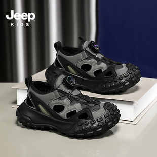 jeep男童黑色包头凉鞋2024夏季款儿童运动鞋软底防滑女童沙滩网鞋