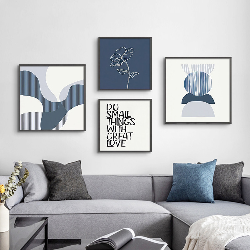 地中海风格蓝色客厅装饰画沙发背景墙面挂画北欧简约线条抽象画