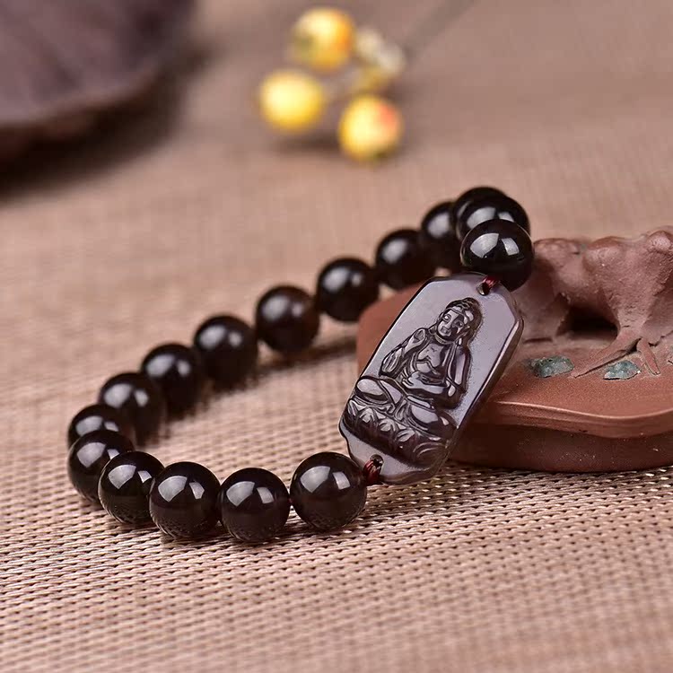 天然冰种彩虹眼黑曜石阿弥陀佛手链属狗属猪本命佛守护神手链