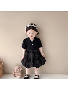 。女童连衣裙夏款韩版婴幼儿童翻领立体花朵短袖公主裙洋气礼服裙
