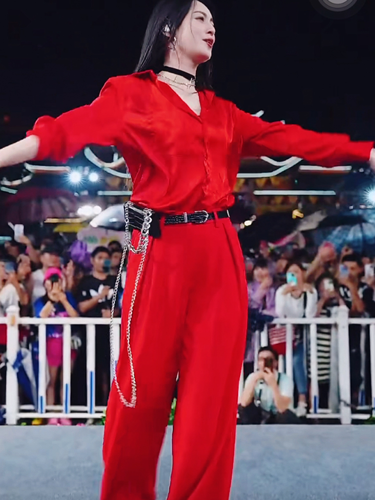 唐艺同款红色套装2023年新款红色气质衬衫女时尚宽松休闲阔腿裤