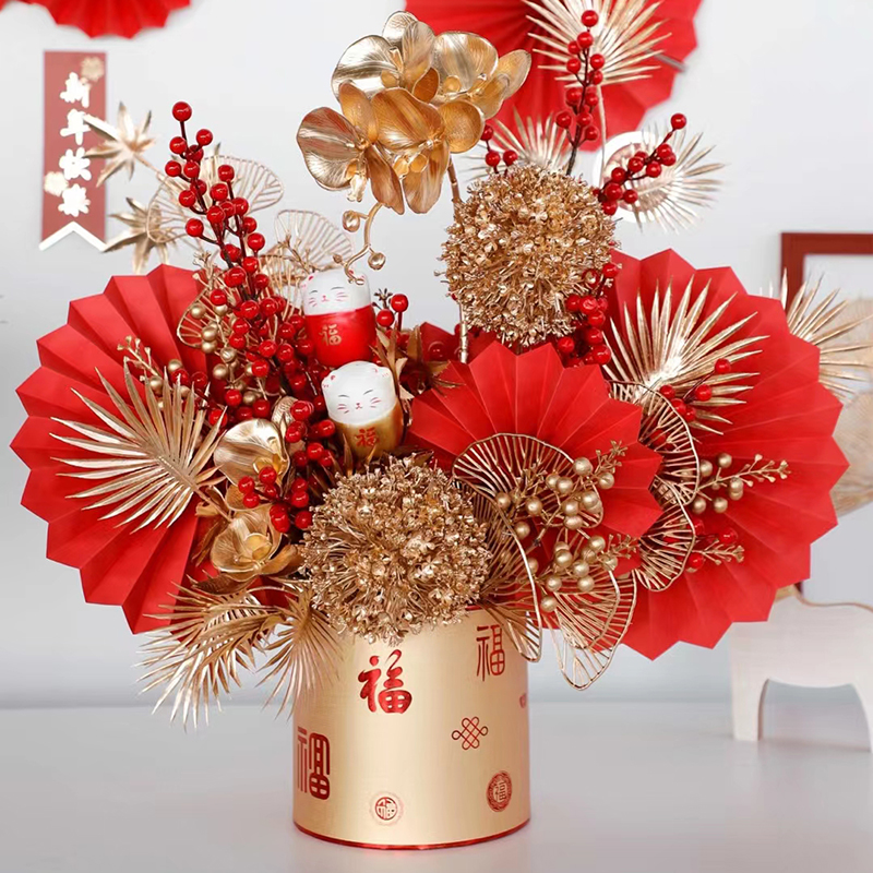 新年中国风福桶插花材料仿真冬青尤加利叶金色银杏叶元宵插花桶