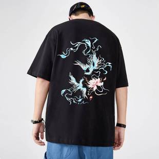 中国风短袖t恤男 夏季宽松大码青年凤凰图案刺绣纯棉半袖