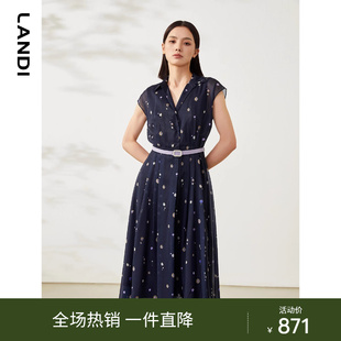 LANDI蓝地藏蓝色衬衫领波点艺术印花包袖连衣裙女长裙夏新品