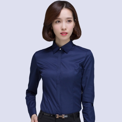春季长袖女藏青色商务休闲职业工装衬衣上班工作服打底衫寸衬衫