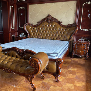 欧式主卧双人实木床2米2.2米美式奢华深棕色真皮别墅整装烤漆家具