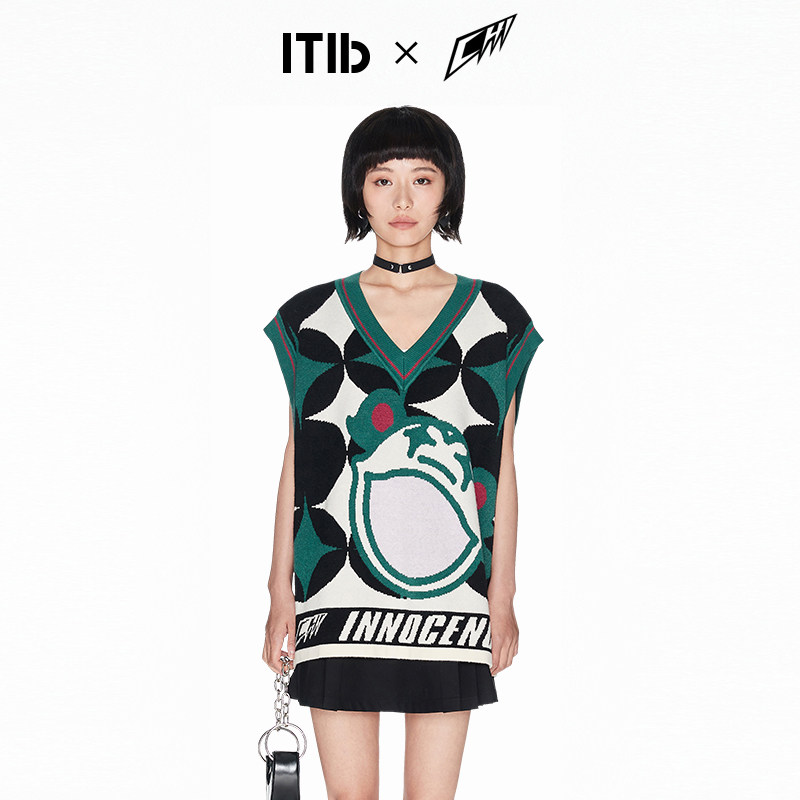 itib×池磊联名设计款 v领针织马甲女秋冬复古校园风宽松背心马夹