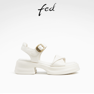 fed法式松糕底凉鞋夏季新款女鞋白色厚底皮凉鞋女款D0509-ZCA576