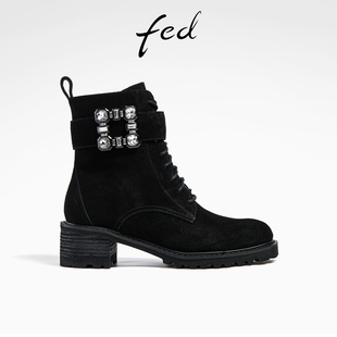 fed厚底马丁靴冬季新款靴子方扣小短靴绒面时装靴女款R1102-ZF355