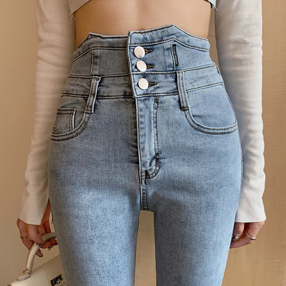 高腰弹力牛仔裤女潮2021春秋新款紧身收腰显瘦小脚裤铅笔裤子