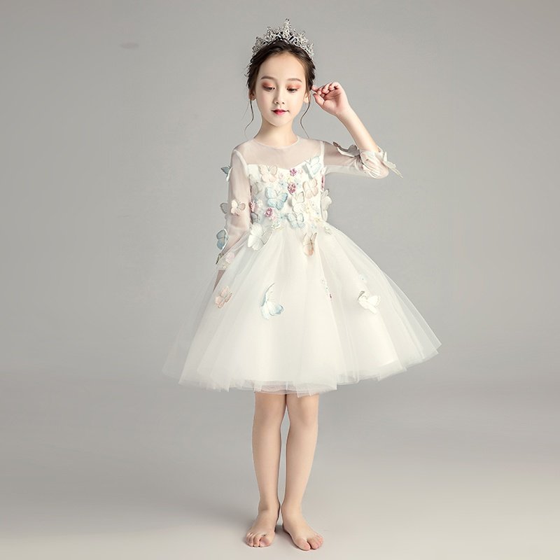 花童礼服女童生日公主裙蓬蓬纱主持人白色演出服儿童长袖晚礼服冬