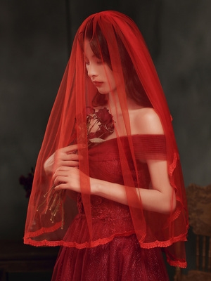 红色头纱新娘主婚纱结婚蕾丝长款复古a拍照道具短款秀禾服盖头头