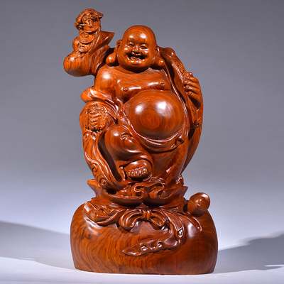 高档黄花梨木雕弥勒佛像摆件大号实木全家福笑佛招财客厅红木工艺