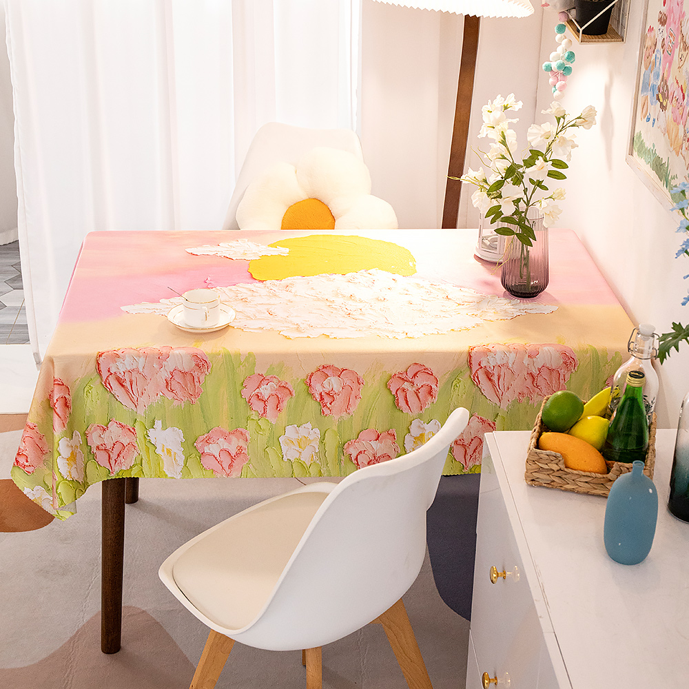 ins风粉色少女心桌布油画花卉创意宿舍桌垫家用电脑桌盖布茶几布