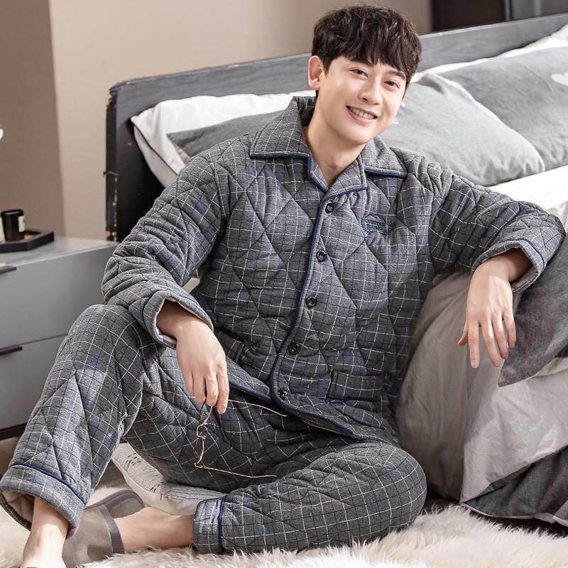 冬季加厚三层夹棉男士睡衣纯棉男式长裤棉袄全棉中老年套装家居服