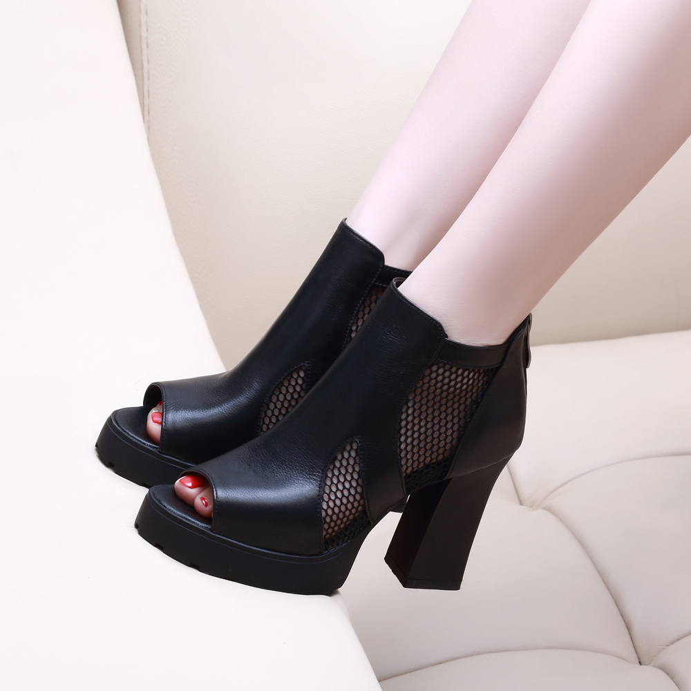 高跟鱼嘴鞋跟粗凉靴凉鞋女鞋防水真皮短靴2021x新款靴子网纱台女