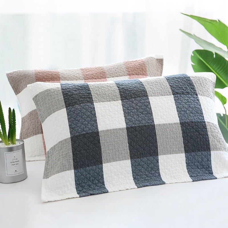 纯棉枕巾一对三层纱布水洗棉褶皱枕头巾日系格子学生成人情侣枕