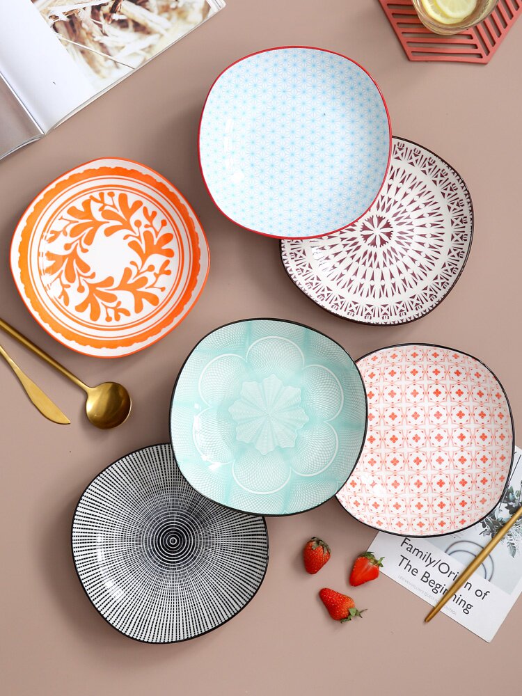 北欧ins风日式家用餐菜盘子网红抖音同款陶瓷餐盘深方盘6个装