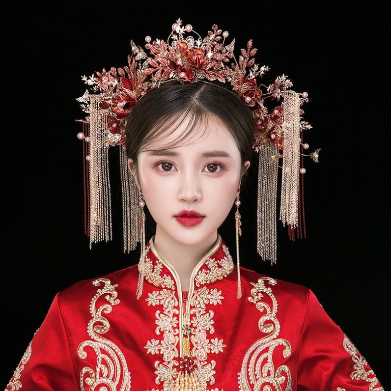 敬酒服头饰2021年新款秀禾服简单大方凤冠皇后大气新娘结婚长流苏