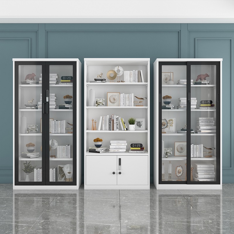 现代简约玻璃门书柜带锁家用客厅收纳柜推拉门密码锁落地展示柜子