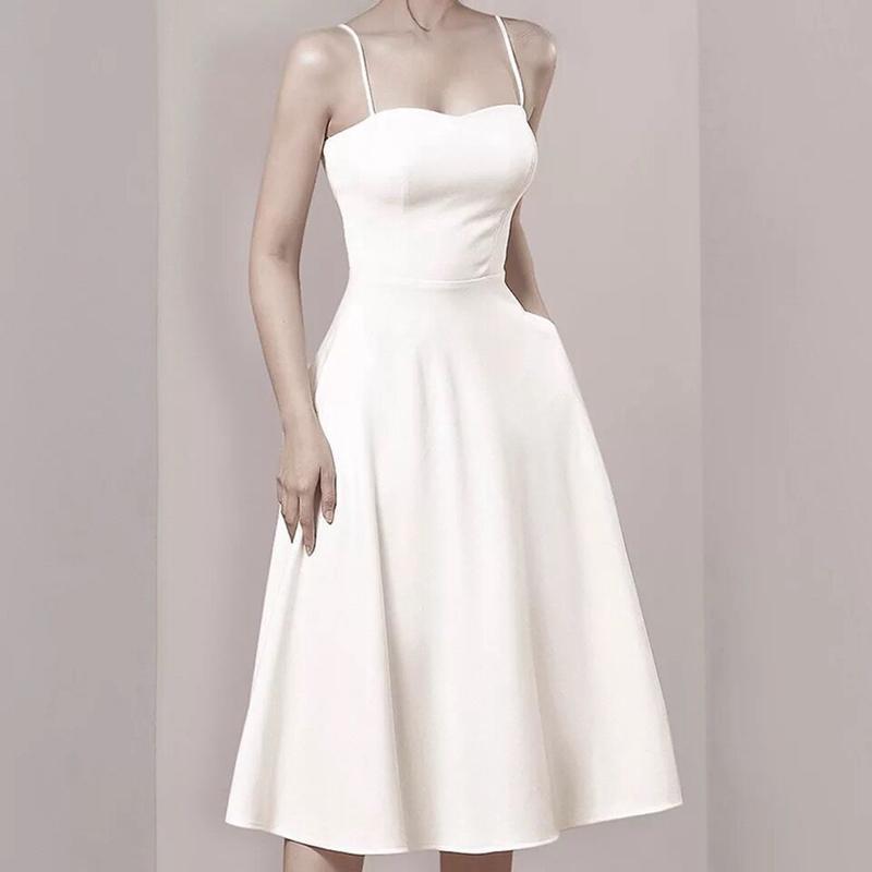 白色小礼服女简单大方气质一字领露肩抹胸吊带连衣裙姐妹团伴娘服