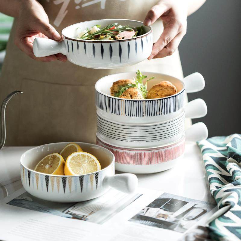 手柄碗焗饭碗带把家用陶瓷创意微波炉单个6寸宿舍泡面碗韩版ins风