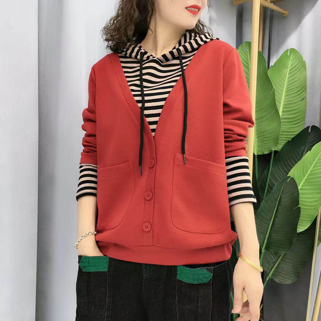 假两件卫衣外套女春秋宽松韩版ins潮百搭时尚条纹长袖针织衫上衣