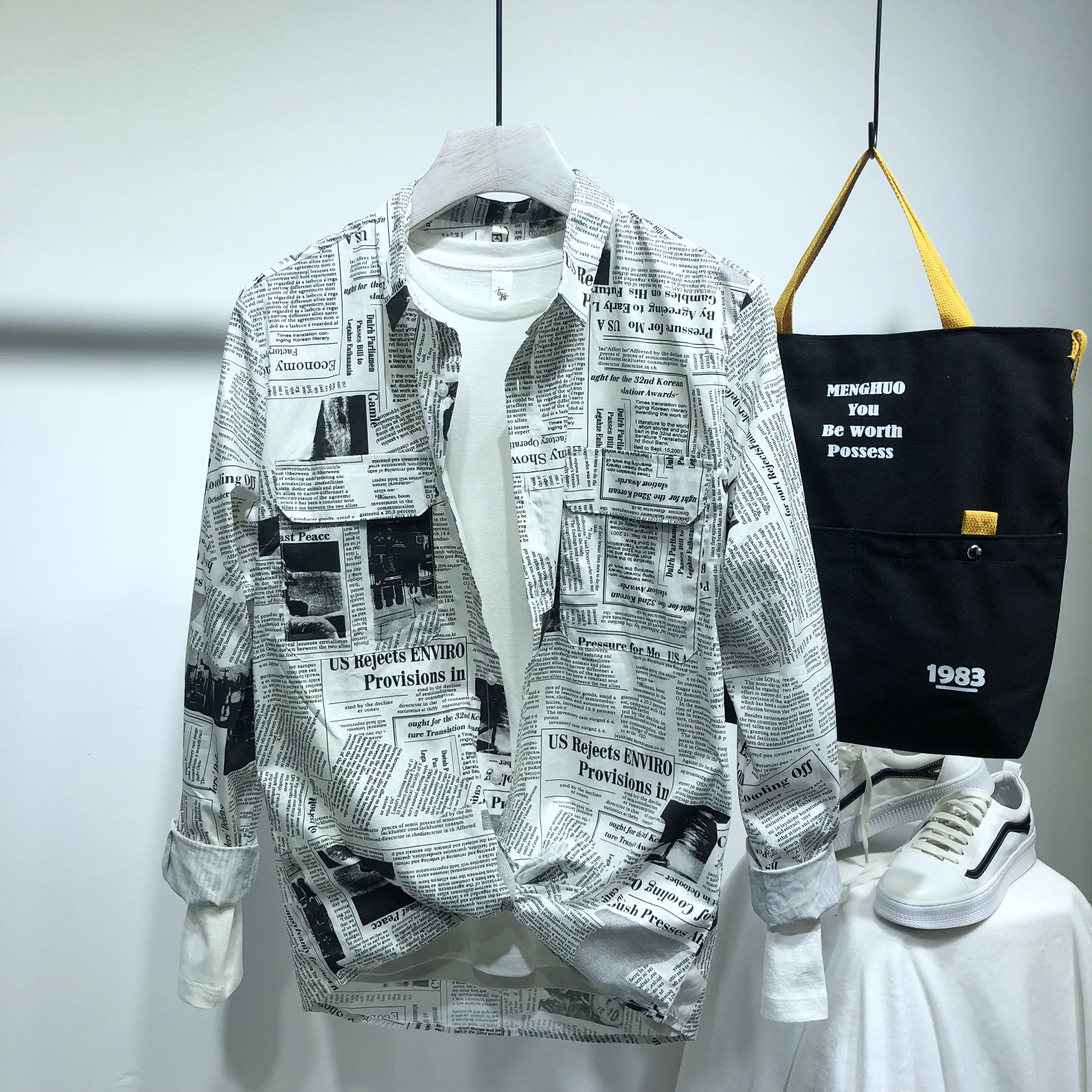 港风报纸衬衫男长袖秋季新款日系工装ins风印花情侣衬衣百搭外套