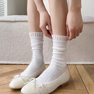 芭蕾风纯白色日系jk竖条纹短中筒袜少女纯欲春夏季薄款花边袜子