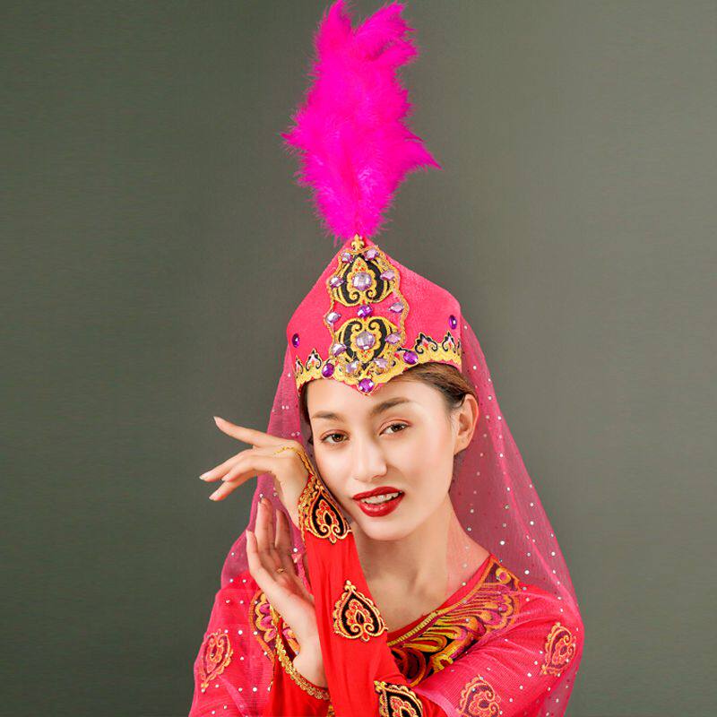 新疆舞蹈头饰2020年新款维族花帽广场舞哈萨克族带纱帽子