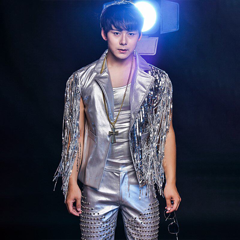 新潮男歌手夜店酒吧架子鼓dj演出服个性流苏亮片铆钉马甲pu皮裤套