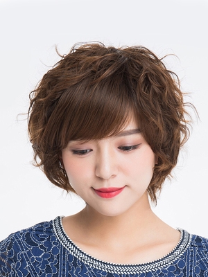高档假发女短发短卷发斜刘海修脸蓬松真发丝假头套假发套女士时尚假发