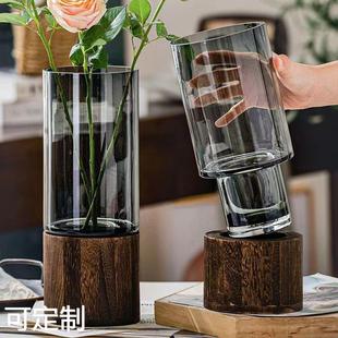 高档新中式木底座玻璃大花瓶落地马醉木花瓶客厅装饰花瓶摆件