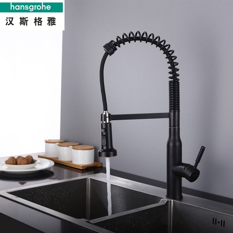 汉斯格雅高端黑色全铜厨房抽拉龙头orb工艺水槽洗碗池旋转弹簧
