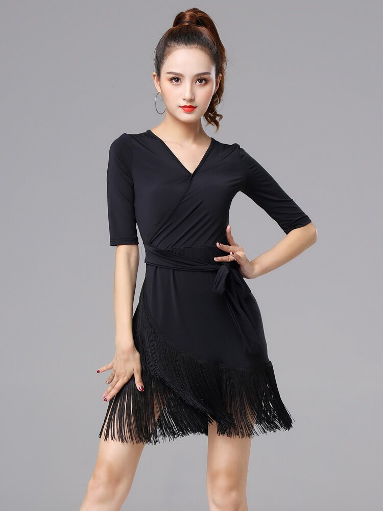 新品流苏连衣裙成人女拉丁舞跳舞裙练功演出服国标舞衣舞蹈服短袖