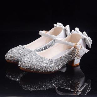 女童皮鞋高跟2024春秋季水钻蝴蝶结公主模特表演水晶单鞋银色新款