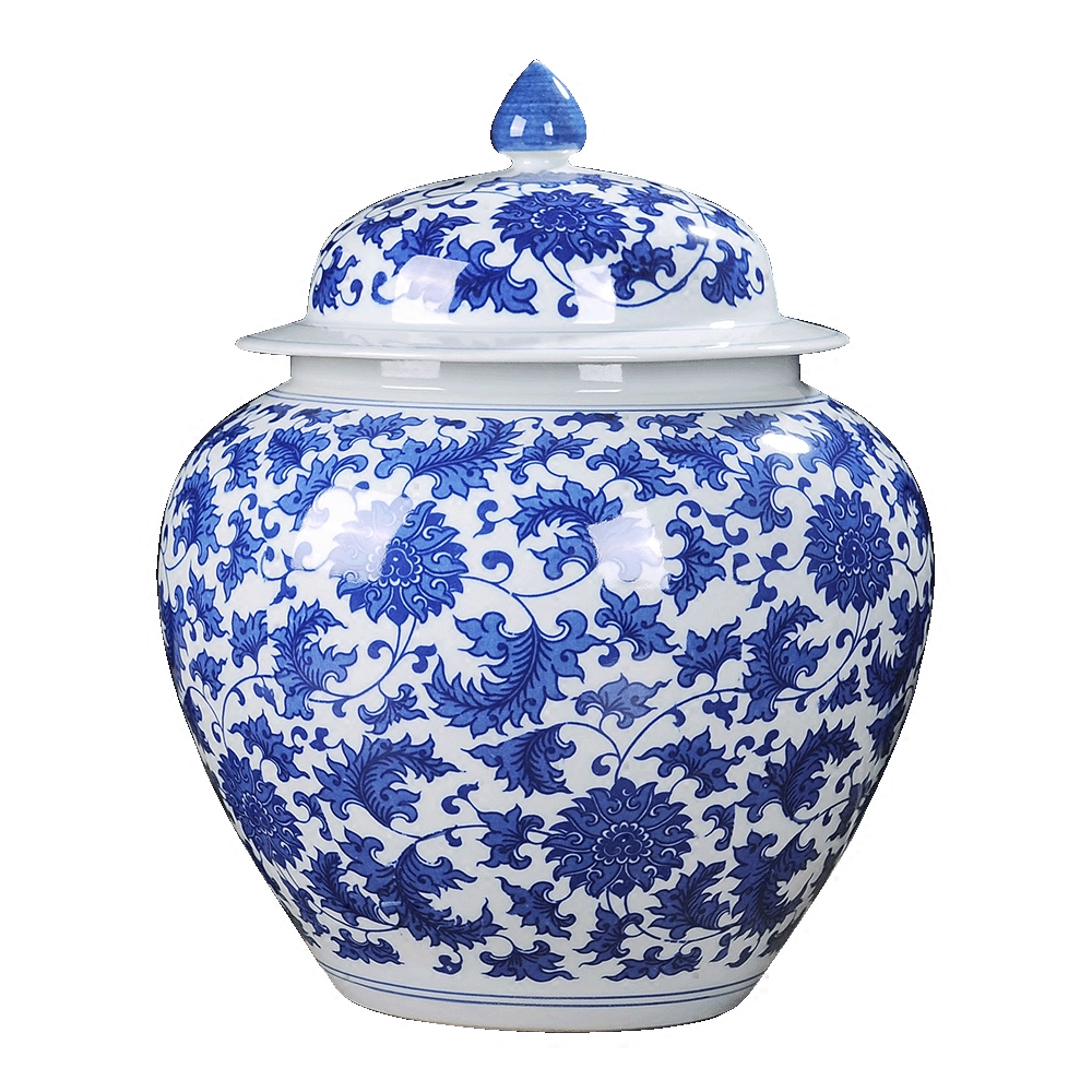 正品景德镇陶瓷器摆件青花瓷将军罐储物罐瓷罐带盖茶叶罐子大号装