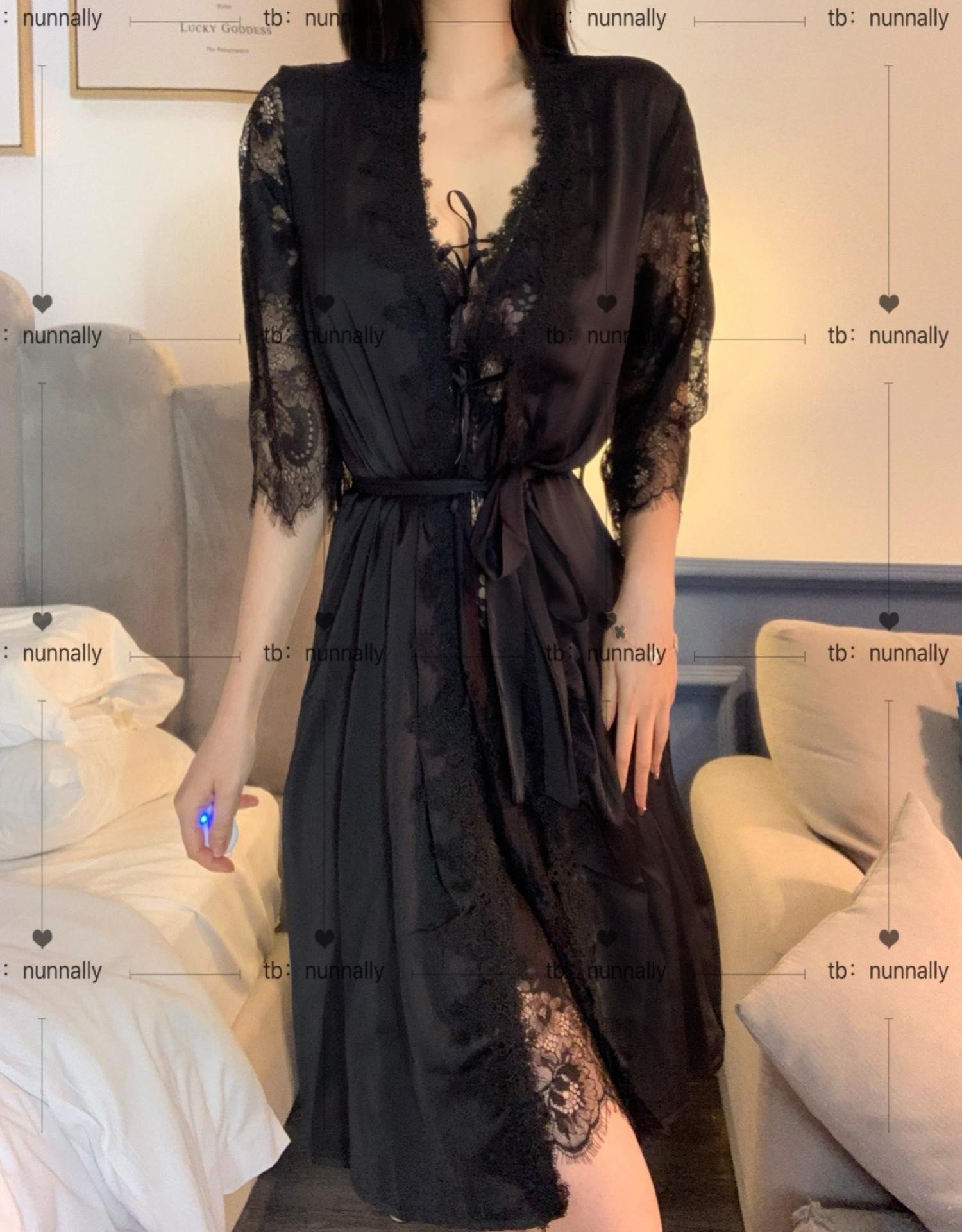 nunnally性感蕾丝睡衣夏季新款欧美大码黑色睡裙睡袍惑胖mm200斤
