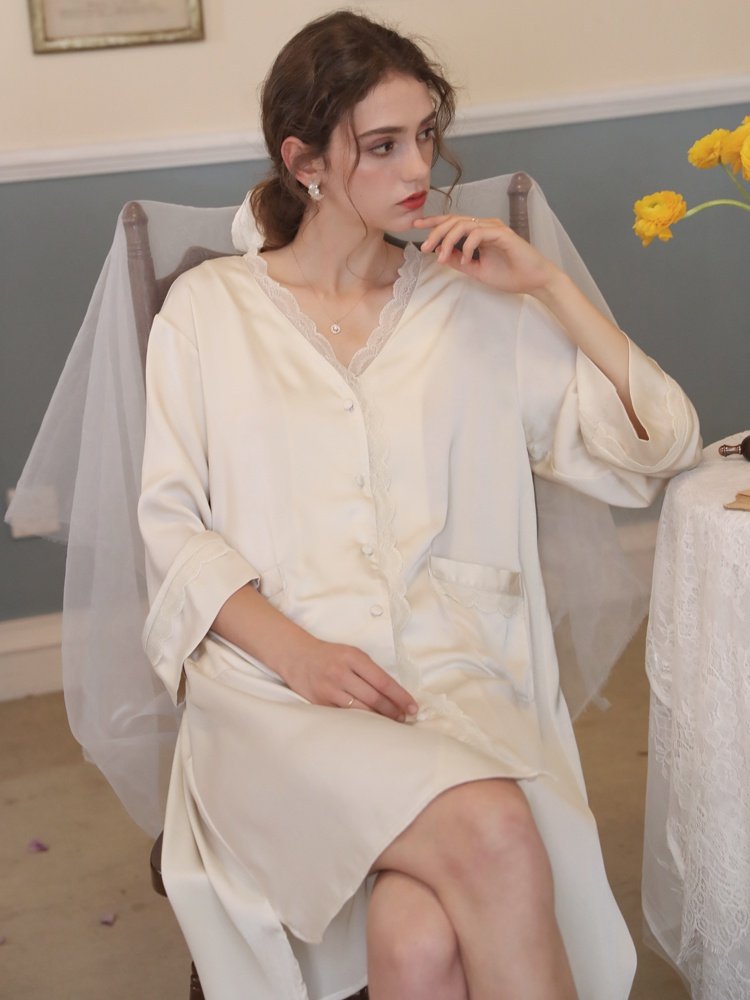 长袖夏季法式冰丝睡衣女真丝丝绸性感晨袍大码宫廷风睡裙裙睡袍夏