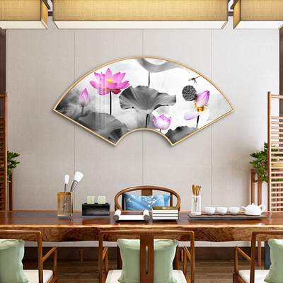 新中式扇形装饰画入户玄关挂画茶室餐h厅客厅墙上壁画中国风荷花