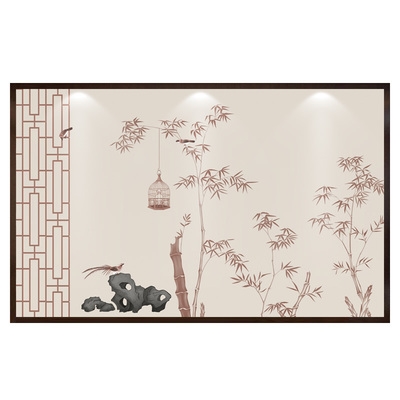 壁画古风奢布中式花背景花鸟简约茶室墙客厅轻墙纸电视壁纸竹子格