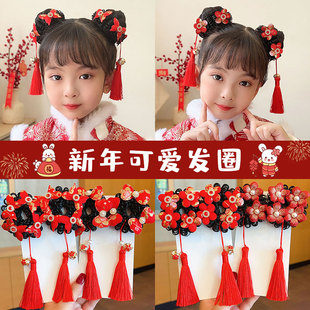 儿童新年发饰女童丸子头流苏假发发圈宝宝红色拜年服发绳汉服头饰