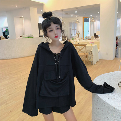 8155实拍售价加5~宽松绑带连帽兜口袋卫衣女 休闲潮款短裤运动套装女