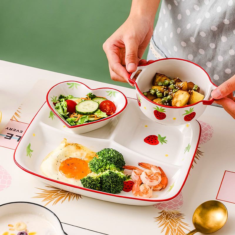 陶瓷分隔盘儿童分餐盘减脂早餐盘一人食创意分格盘子家用减肥餐具