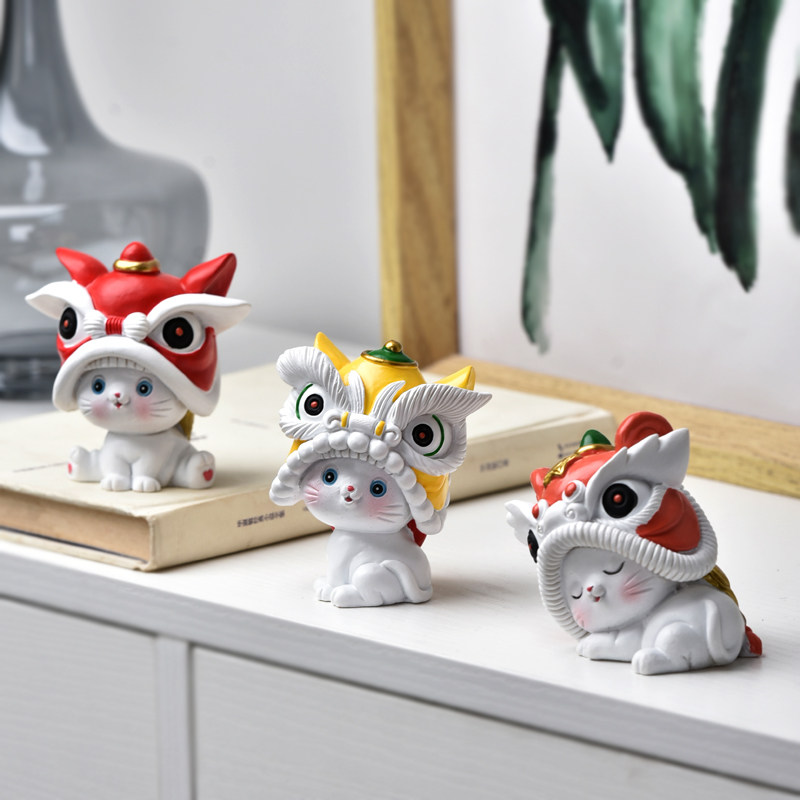 国潮舞狮醒狮招财猫可爱小猫咪家居办公室装饰品汽车内车载小摆件