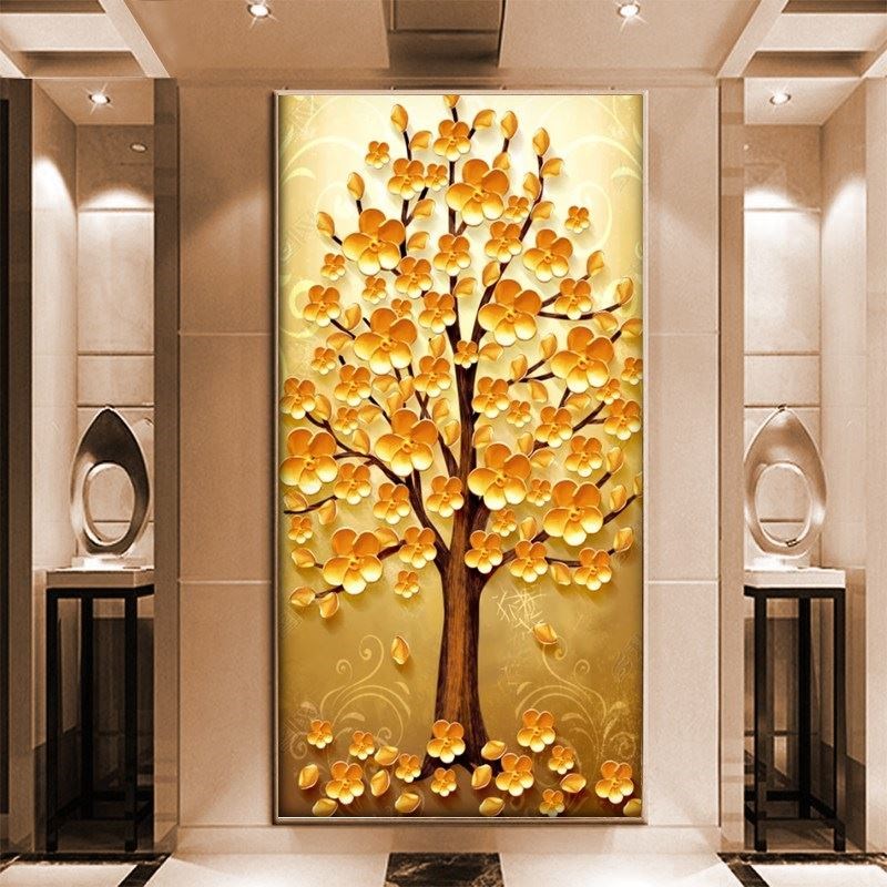 壁纸3d立体玄关背景墙贴欧式发财树自粘墙布客厅走廊过道竖版墙.