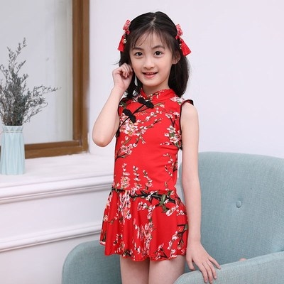 2020走秀连体洋气中国风旗袍儿童泳衣女时尚女童防走光套装分体中