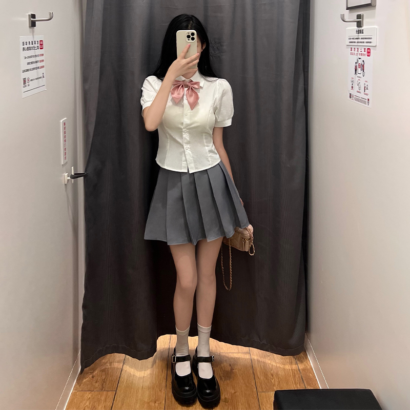 JK制服衬衫上衣女短袖原创夏季学院风收腰泡泡袖白色衬衣辣妹套装